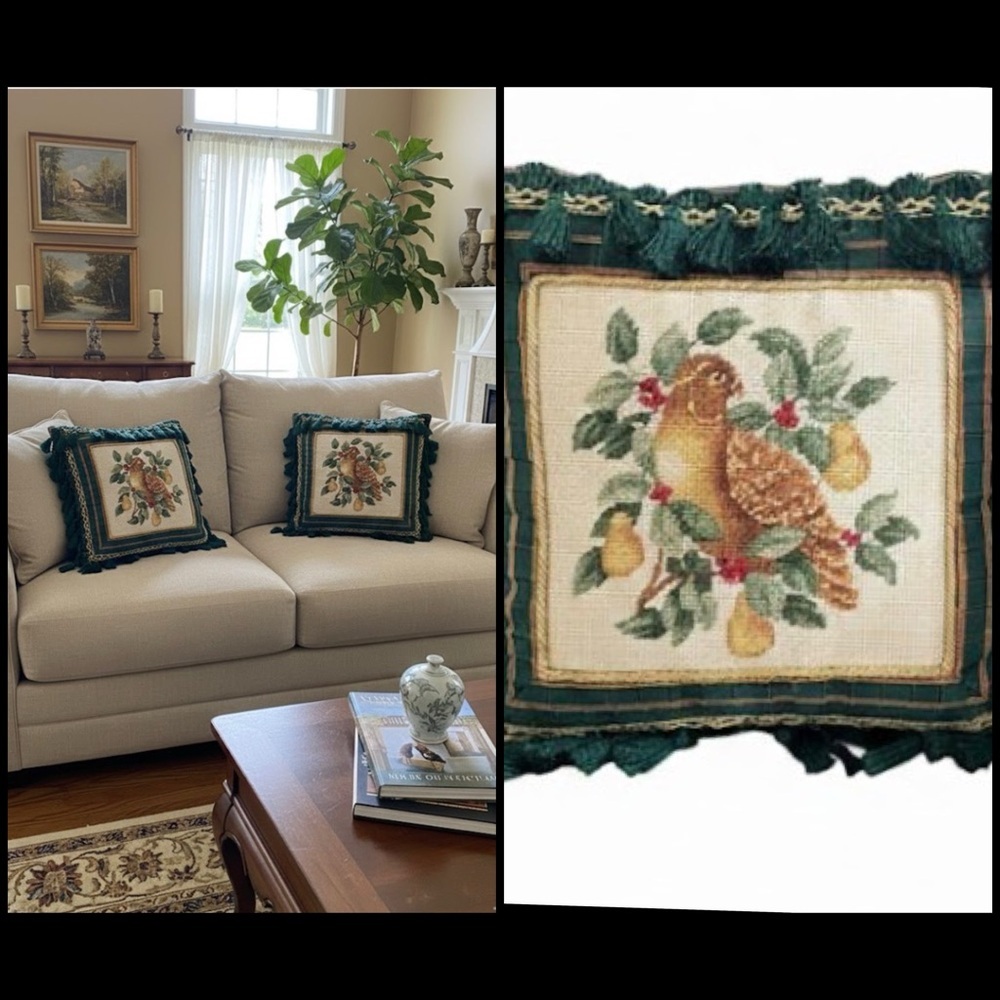 2 Needle Point Partridge in a Pear Tree Green Tassel Decor Pillow Covers 15”x 15
